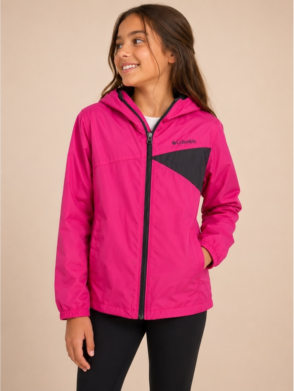 Columbia Kids Fuchsia Black Hooded Windbreaker Jacket